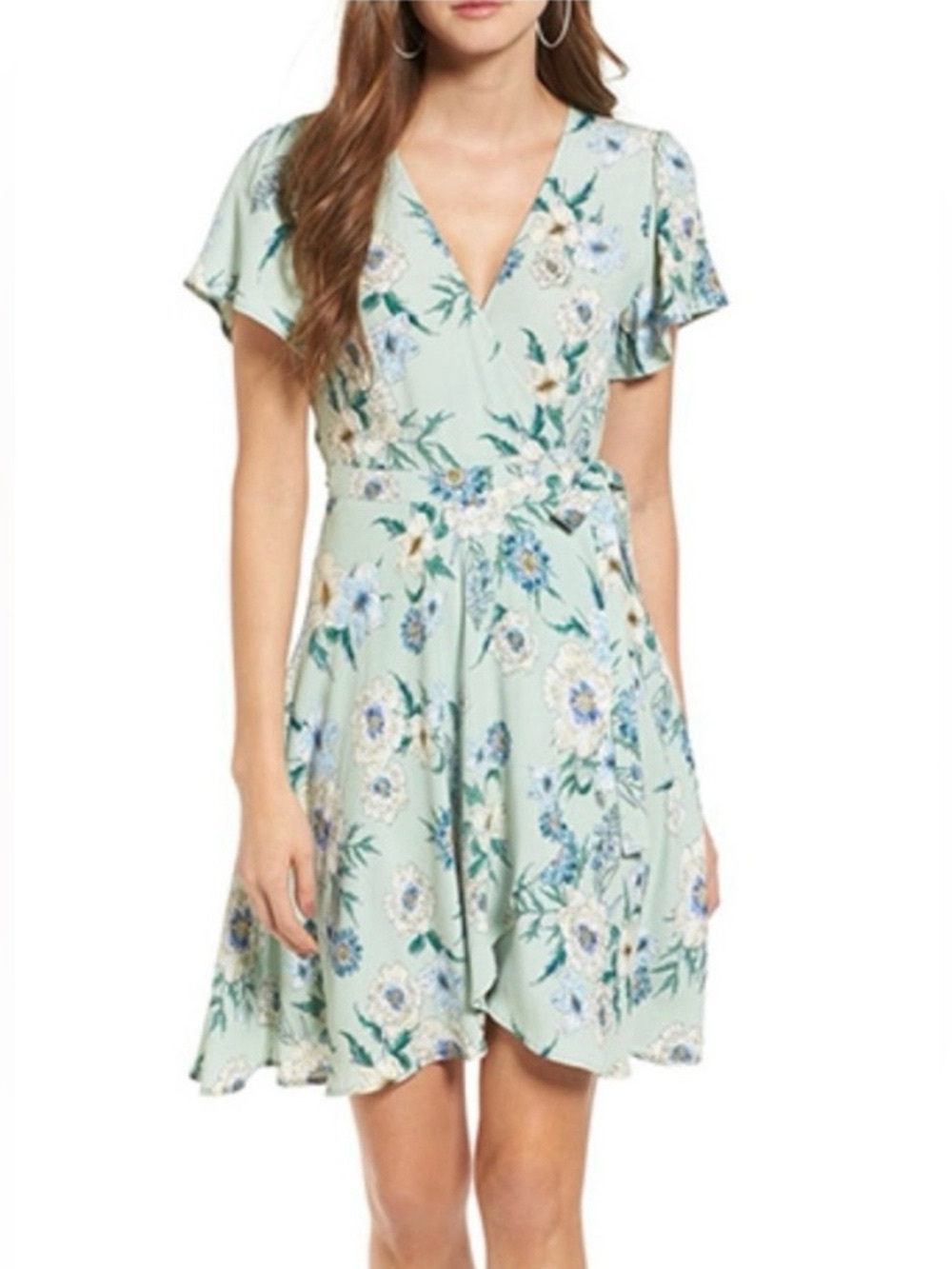 ASTR the Label Light Green Floral Wrap Mini Dress Size S Ruffle